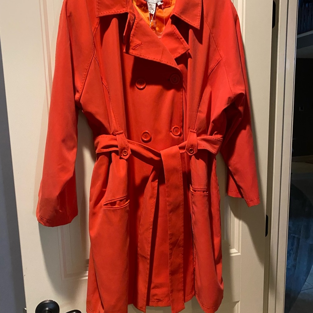 NWT coral red Womens plus raincoat trench coat travel pouch Sz 20 22